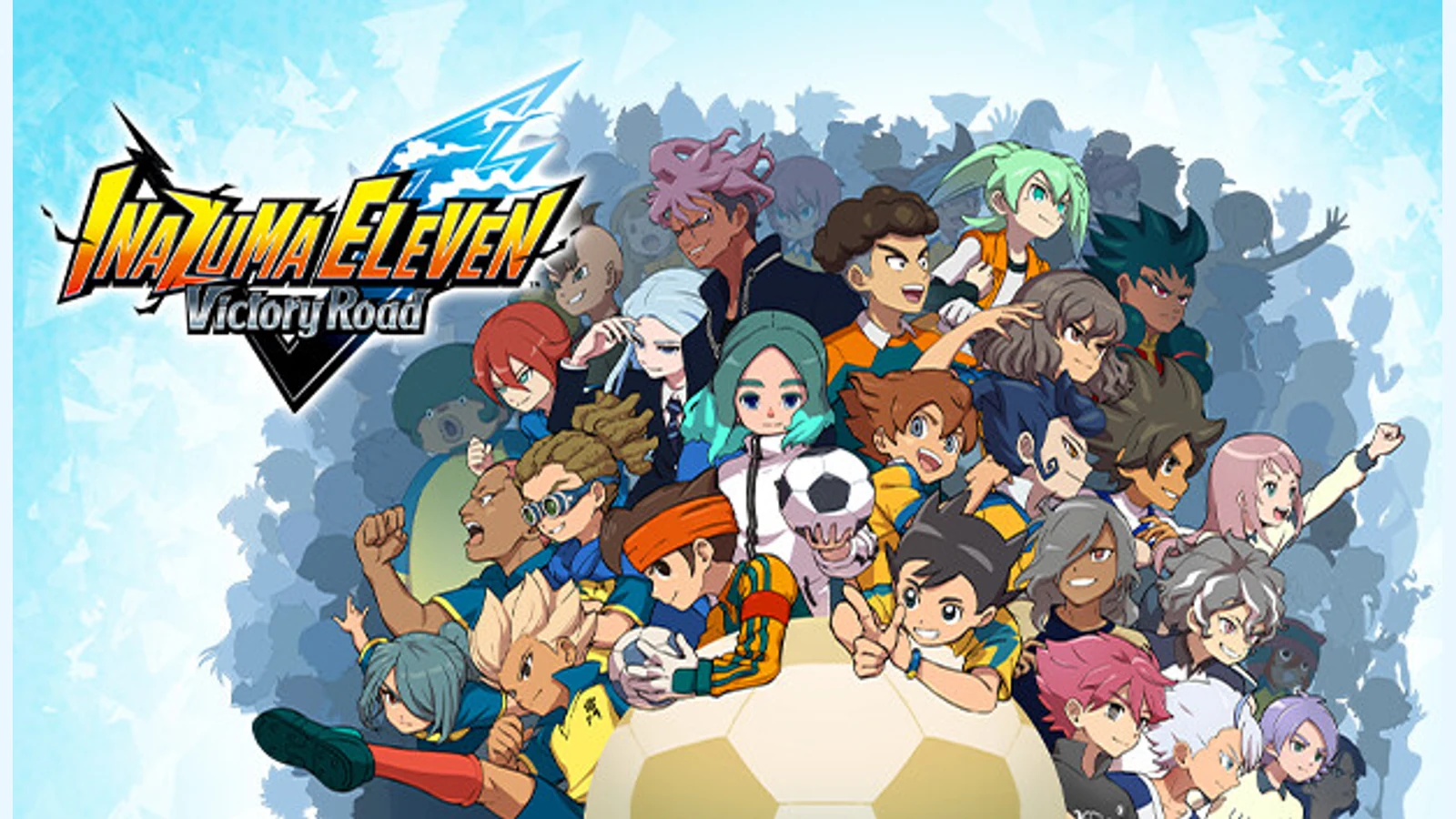 Il cast di INAZUMA ELEVEN Victory Road riunito attorno al pallone con il logo ufficiale