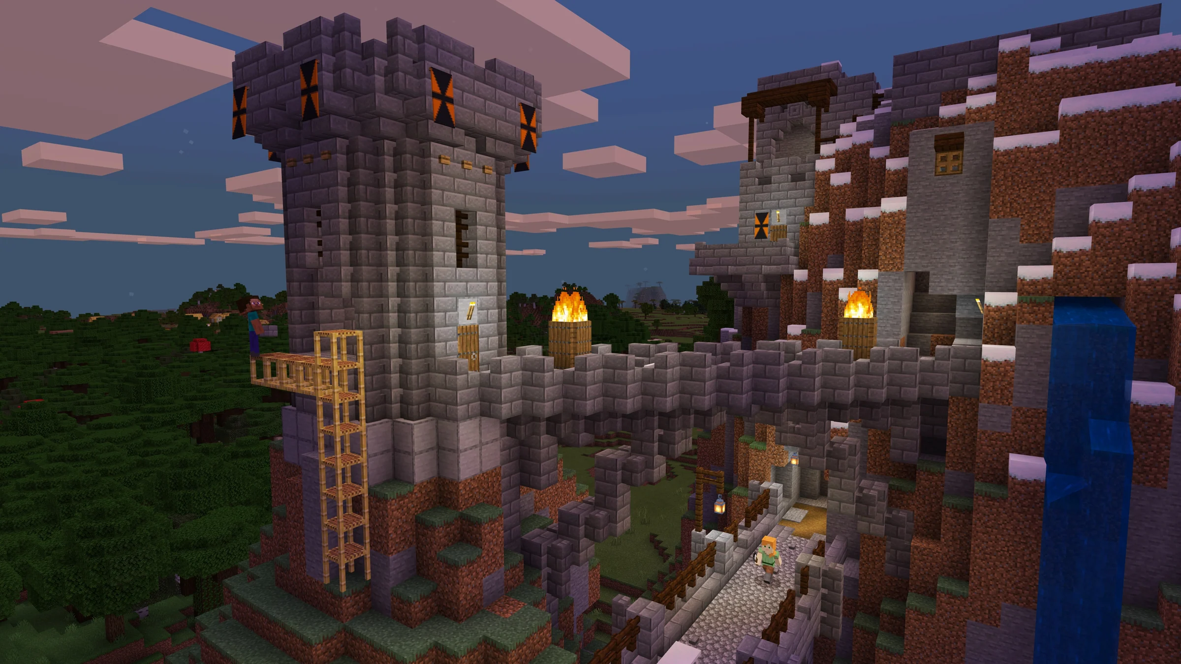 Grande fortezza costruita tra montagne e foreste in Minecraft