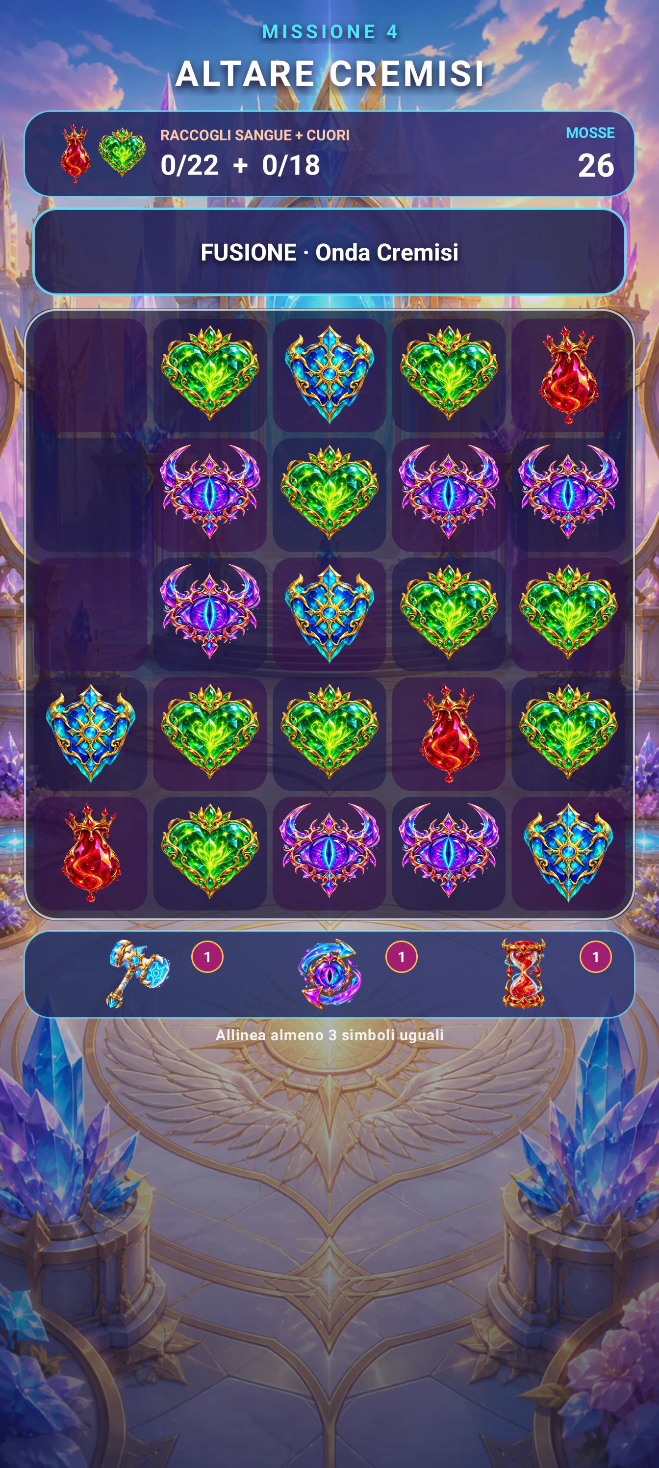 Griglia match-3 mobile ricomposta dopo una cascata di combinazioni
