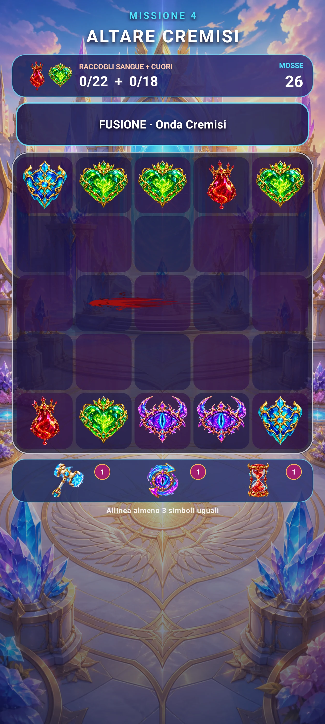 Schermata di gameplay mobile durante l’attivazione della fusione Onda Cremisi