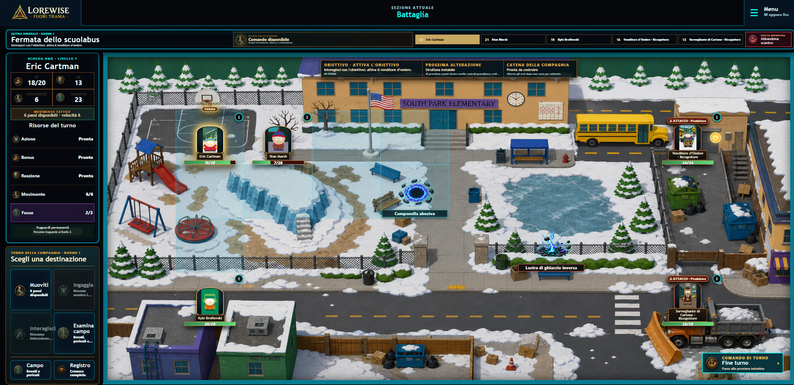 Battaglia tattica desktop di Fuori Trama ambientata nella scuola innevata di South Park