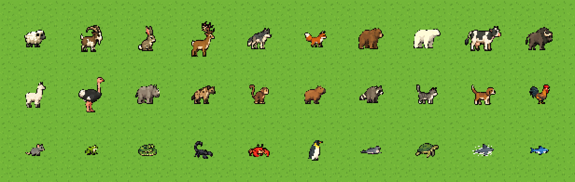 Trenta animali di SandBox in pixel art, dalla pecora allo squalo