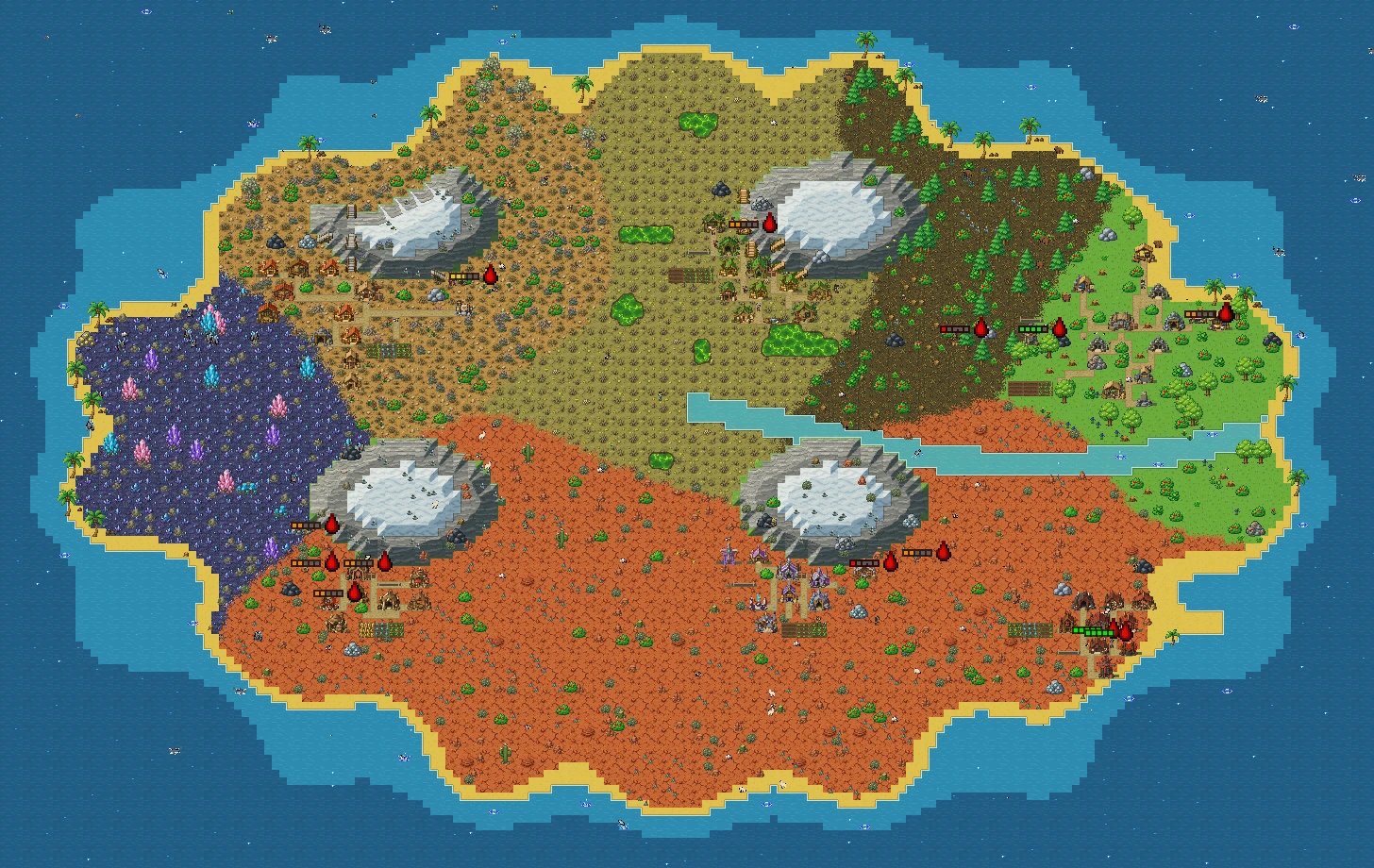 Un continente di SandBox visto dall’alto: praterie, foreste di pini, deserti rossi, montagne innevate e una foresta di cristalli