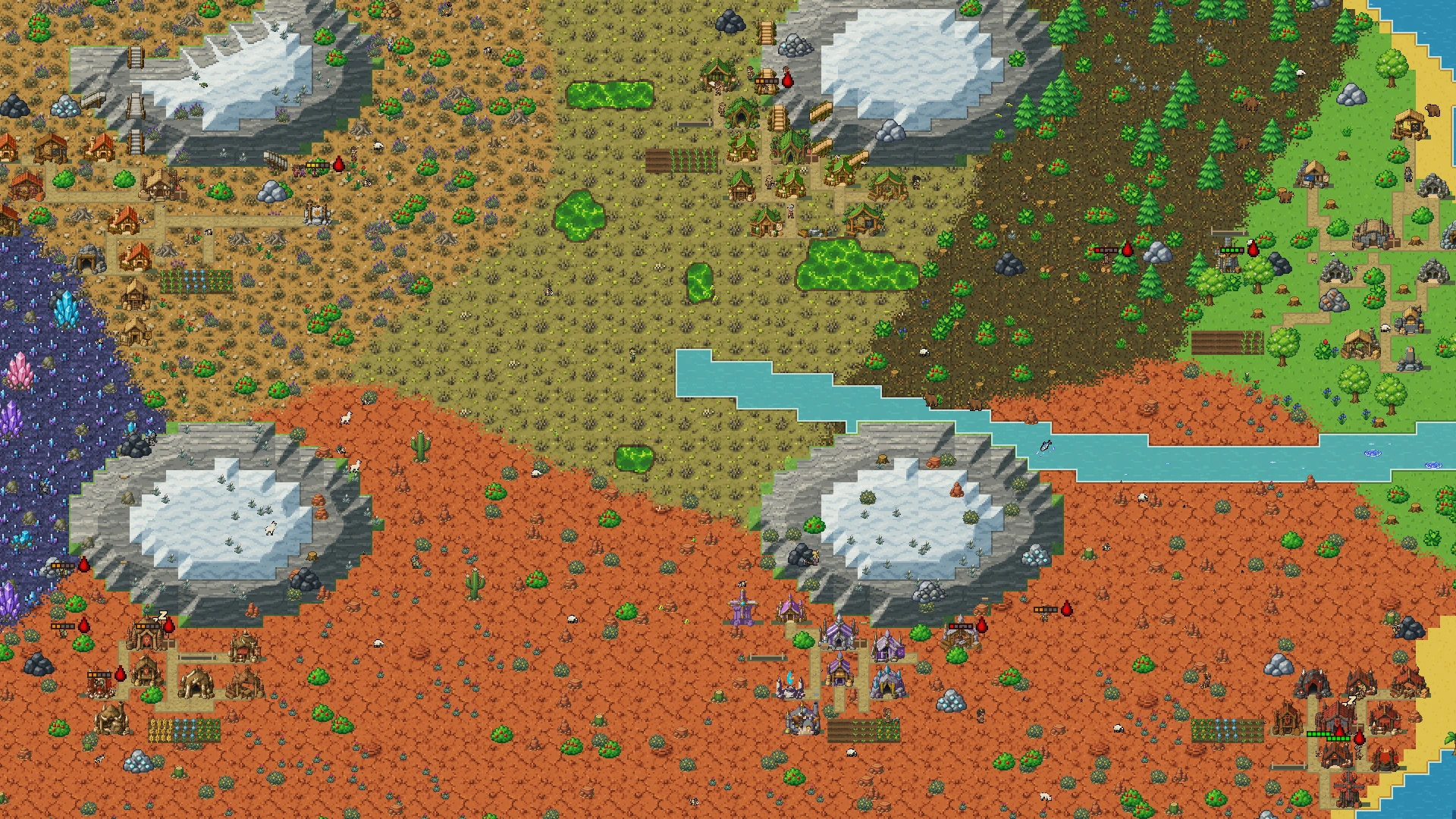 Un continente di SandBox visto più da vicino, con sei giovani villaggi tra deserti rossi, foreste di pini, praterie e montagne innevate