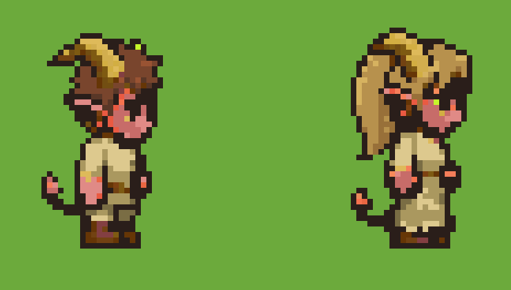 Un uomo e una donna del popolo Tiefling in pixel art