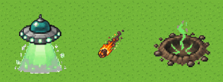 Una navicella aliena, una meteora e un cratere in pixel art